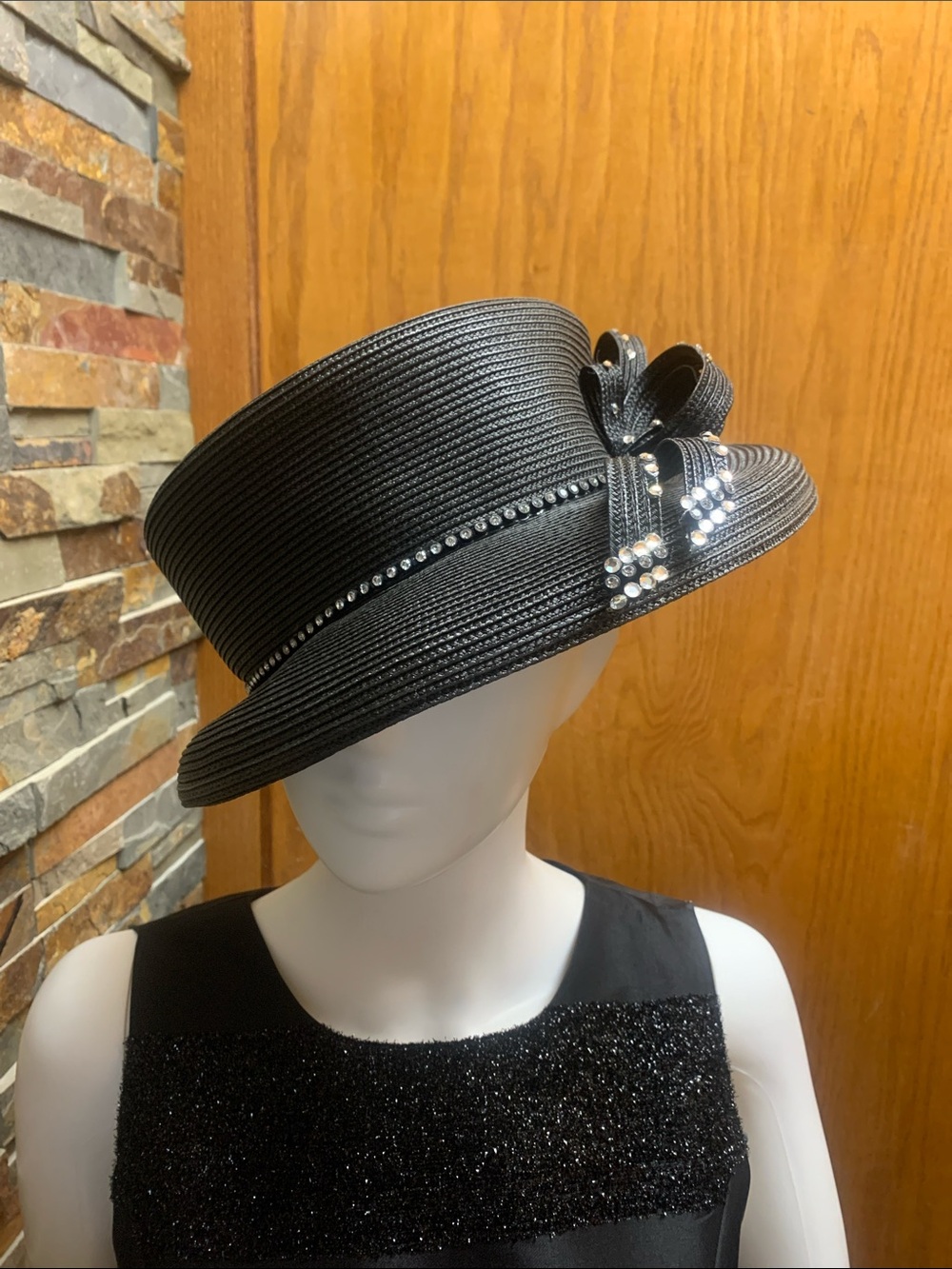 Mr Song fancy church derby Black Women's Dress Hat with Rhinestone Bow Accent